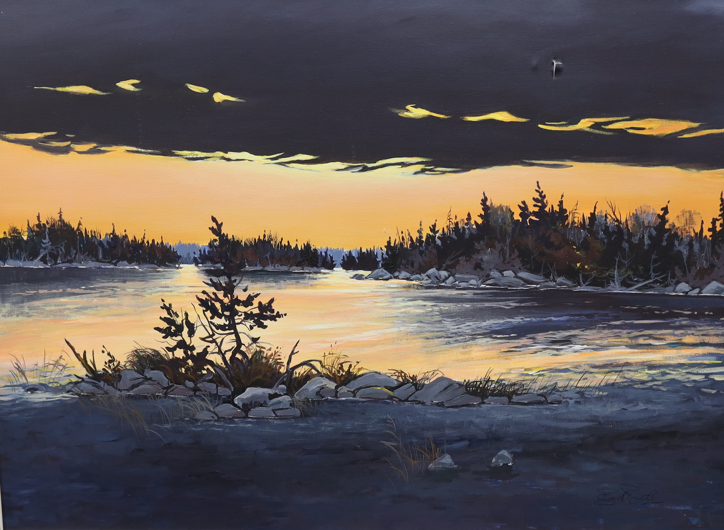 Barry A. Burdeny (Canadian, b.1943), acrylic on canvas, 'Sunset in winter', indistinctly signed, 90 x 120cm